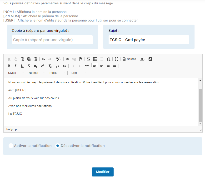 Configuration cotisation payée