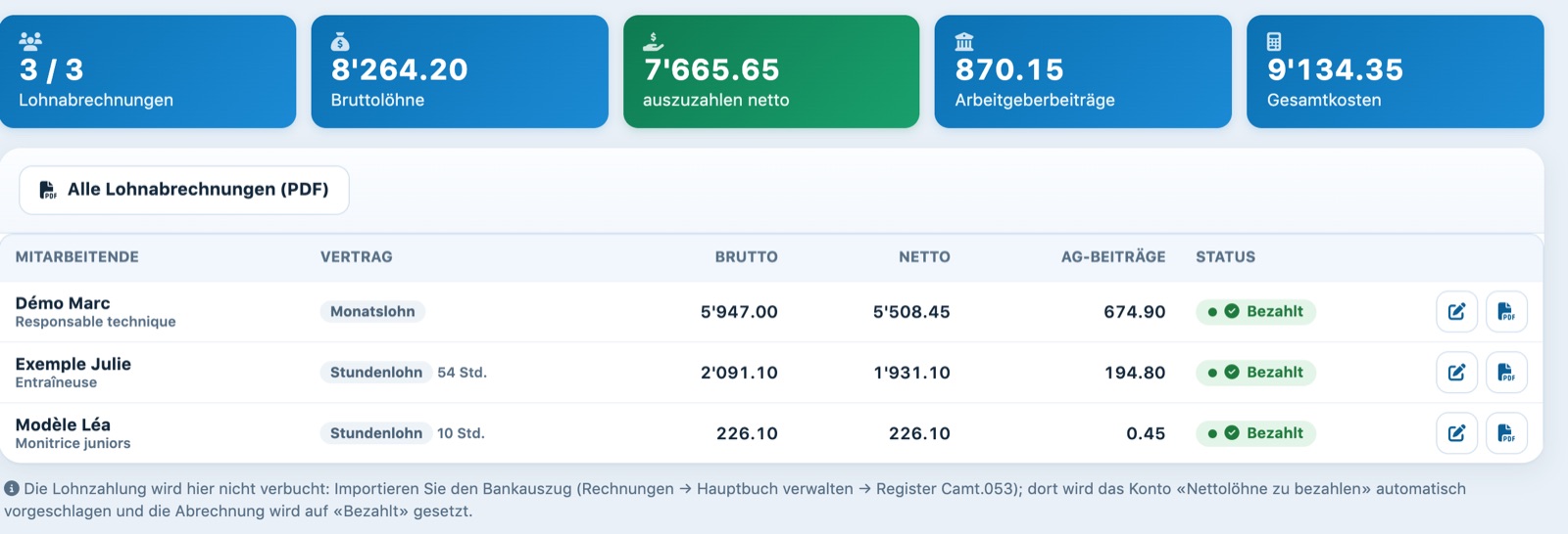 Lohnlauf September: drei Lohnabrechnungen mit Status Bezahlt und der Hinweis zur Auszahlung