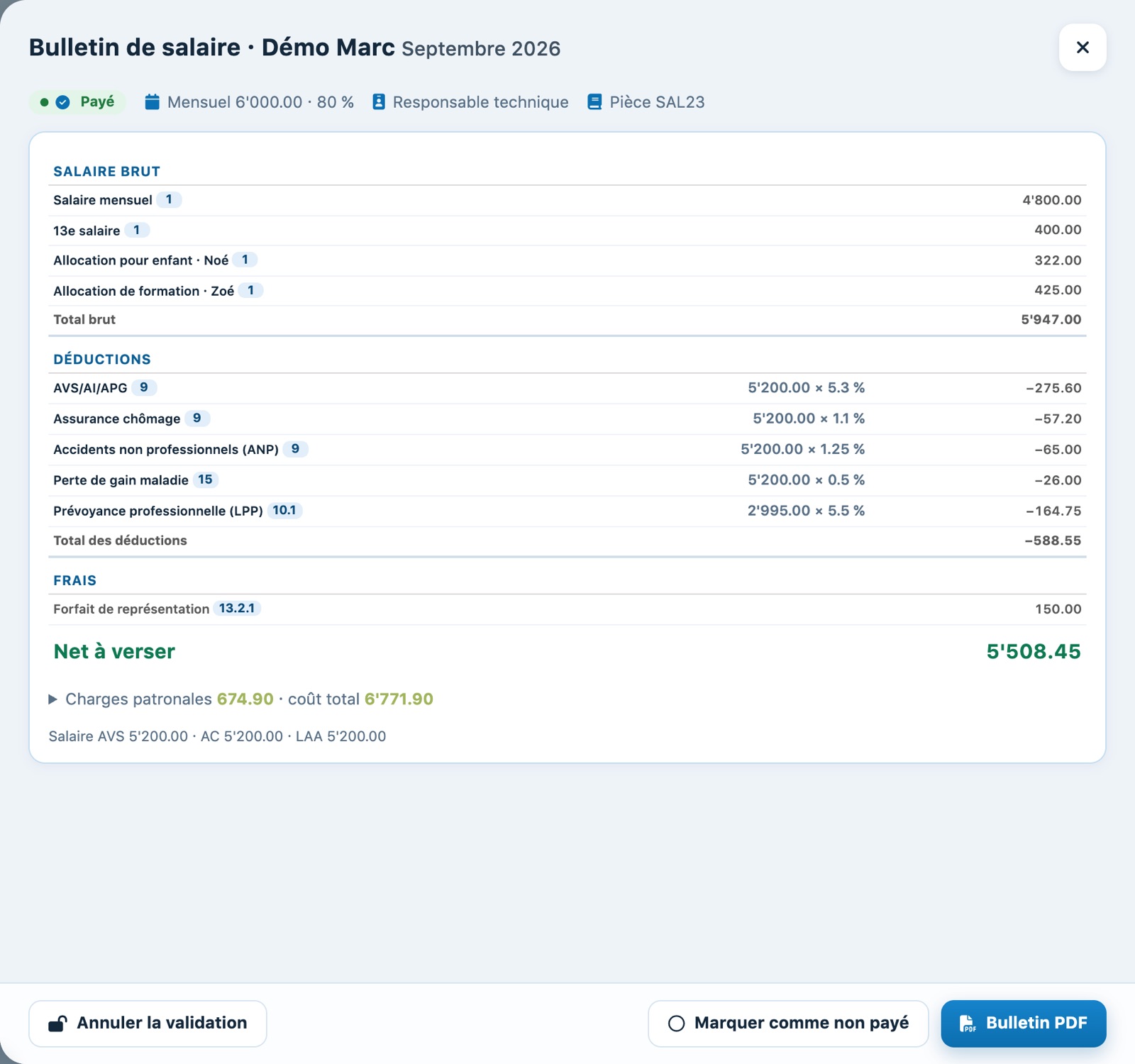 Bulletin validé et marqué payé à la main, avec les boutons Annuler la validation, Marquer comme non payé et Bulletin PDF